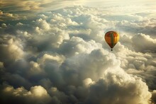 A lone hot air balloon drifts serenely through a vast expanse of fluffy white clouds. 