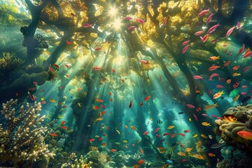 Wall Mural - A sun-dappled underwater forest filled with vibrant coral reefs instead of trees and schools of colorful fish swimming.