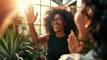 Sticker - Joyful woman with glasses, smiling widely and giving a high-five, indicating a positive interaction or celebration