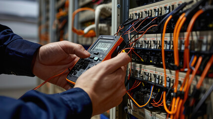 Wall Mural - A technician in professional attire is carefully using a digital multimeter to check or troubleshoot an electrical panel