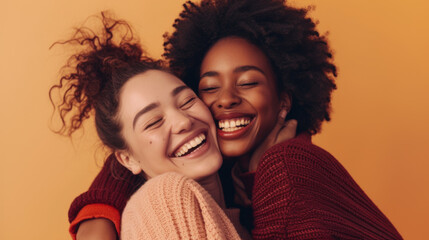 Poster - two young women are embracing in a warm hug, smiling with closed eyes, sharing a joyful moment.