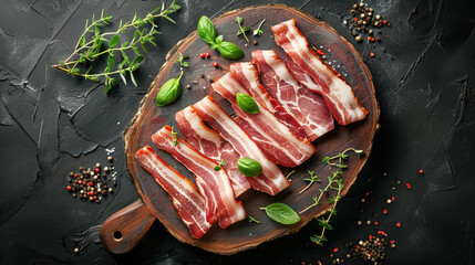 Wall Mural - Raw bacon back rashers unsmoked on a wooden platter on dark stony background with decorative herbs around