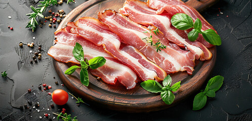 Wall Mural - Raw bacon back rashers unsmoked on a wooden platter on dark stony background with decorative herbs around