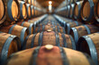 Rows of Wine Barrels in a Wine Cellar