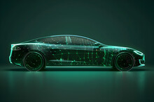 An Electric Vehicle With A Dynamic Silhouette, Partially Covered By An Opaque Overlay Of Green Tech Symbols, Against A Lime Green Background.