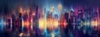 Colorful artistic cityscape illustration, Artistic city skyscape vector image, Vibrant and colorful night city skyline with tall buildings or skyscrapers and reflection in the water, AI Generated