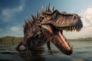 Wall Mural - close-up view of a baryonyx dinosaur in water in prehistoric environment. photorealistic.