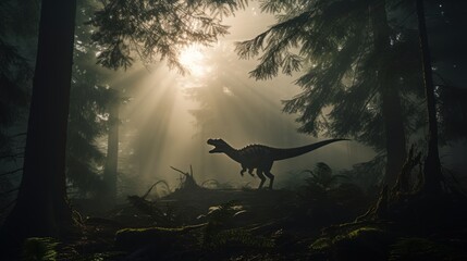 Wall Mural - dinosaur stands in sunny prehistoric forest. photorealistic.