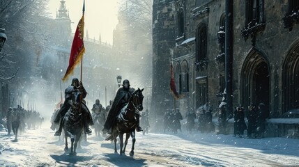 Sticker - A team of medieval cavalry in armor on horseback marching in Prague city in Czech Republic in Europe.