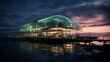 an AI-rendered image of a sleek futuristic greenhouse hovering over an ocean during twilight, with minimalistic design, incorporating greens and a dark reflective ambiance , Attractive look