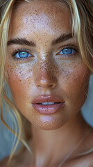 Wall Mural - Bright blue eyes and natural freckles highlight a stunning portrait of a young woman with radiant skin in natural light