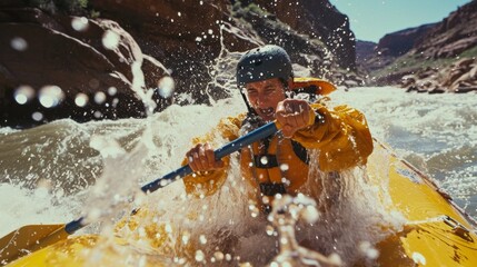 Wall Mural - a female rafting in rapid water in rugged lands.