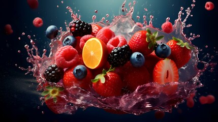 Wall Mural - Fruit splashing into a glass of blackberry, orange, raspberry, lemon and mint