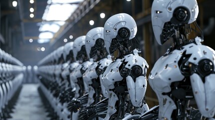 Wall Mural - Robot heads in row in factory warehouse for production line