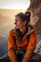 Wall Mural - portrait of a female rock climber rest at cliff in grand canyon.