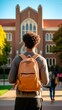 Black immigrant student in university campus. Young man refugee with backpack. Concept of education, new beginnings, immigrant journey, diversity, cultural assimilation. Vertical format