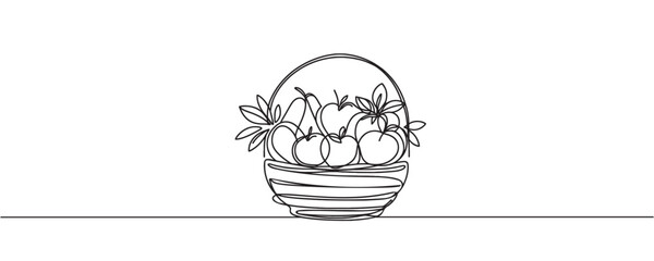 Wall Mural - Continuous one line drawing of fresh fruits in a basket. Fruits in a basket, single line vector illustration.