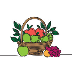 Wall Mural - Continuous one line drawing of fresh fruits in a basket. Fruits in a basket, single line vector illustration.