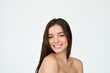 © insta_photos - Happy brunette Latin girl isolated on white background. Smiling pretty young adult Hispanic woman with freckles on face looking at camera advertising skincare, hair skin care beauty product, portrait.