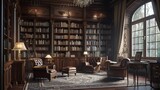 Fototapeta Do przedpokoju - a visual representation with AI, portraying a classic home library with grand mahogany bookshelves 