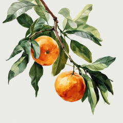 Wall Mural - Fresh Citrus Delight: Vibrant Orange Fruit on Green Leafy Branch, a Tropical Watercolor Art Illustration on White Background