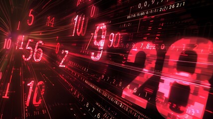 Data technology background. Big data visualization. Flow of numeric coded data. Information code. Matrix background. Red glowing datum, coding background. 3D rendered data illustration.
