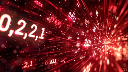 Wall Mural - Data technology background. Big data visualization. Flow of numeric coded data. Information code. Matrix background. Red glowing datum, coding background. 3D rendered data illustration.