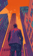 Style illustration of a man against a backdrop of skyscrapers