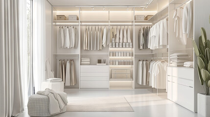 Wall Mural - In a cozy white dressing room, beautifully arranged shelves and hangers showcase a stunning array of clothes