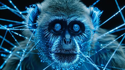 Wall Mural - Close-up of gibbon muzzle in grid style. Polygonal computerized image of a wild animal. Facial recognition grid on a live object. Illustration for cover, card, poster, brochure or presentation.