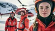 Portrait of rescue personnel staff with helicopter in snow mountain field