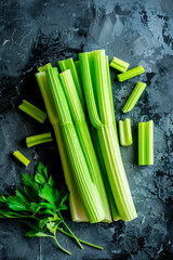 Wall Mural - celery stalks on the table. Selective focus.