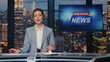 © stockbusters - Woman host presenting newscast standing tv stage near screen. Lady breaking news