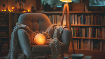 Canvas Print - Cozy armchair with lamp and blanket