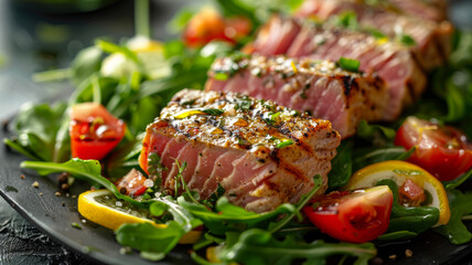 Wall Mural - Photo of a grilled tuna steak on a bed of arugula