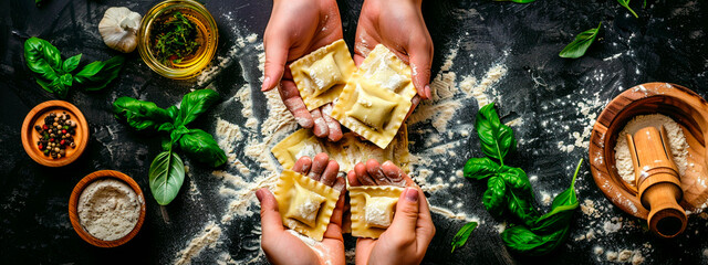 the cook makes ravioli. Selective focus.