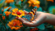 Photo of a butterfly on a hand with flowers