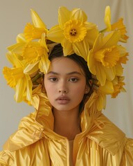 Canvas Print - Model showcases vibrant spring fashion with yellow daffodil crown and matching jacket in a creative studio setting