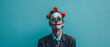 person with clown make up and red clown nose on a blue background