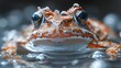 a close up of a frog's face with drops of water on the bottom of the frog's head.