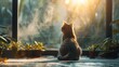 a serene morning scene of yoga practice in a spacious room, with a serene cat lounging in the sunlight, symbolizing tranquility and balance 