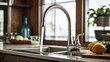 A close-up of a sleek, modern faucet in a newly remodeled kitchen. The faucet features a high-arc design. Tap water. Kitchen interior.