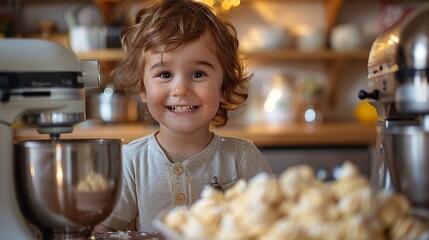 Wall Mural - A kid excitedly pressing the button to start the mixer, dough ready for cookies, under mom's watchful eye