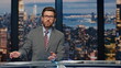 © stockbusters - Anchorman talking breaking news sitting stage television studio. Man speaking