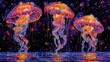 a painting of three jellyfish floating in a body of water in front of a night sky filled with stars.
