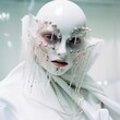 A portrait of a futuristic model wearing white and face jewelry. 