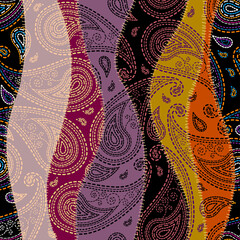 Aufkleber - Ornamental embroidery paisley seamless pattern, texture effect. Textile patchwork pattern. Vector illustration