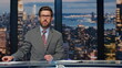 © stockbusters - Anchorman reporting tv live news evening program. Presenter talking television