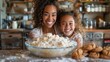 A candid shot of a mother and daughter laughing together, covered in flour, while mixing a large bowl of cookie batter in their family kitchen65