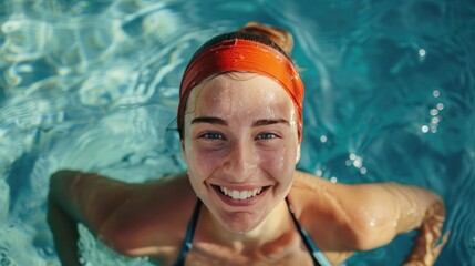 Portrait happy smiling young female sport athlete get photo on swimming pool. AI generated image